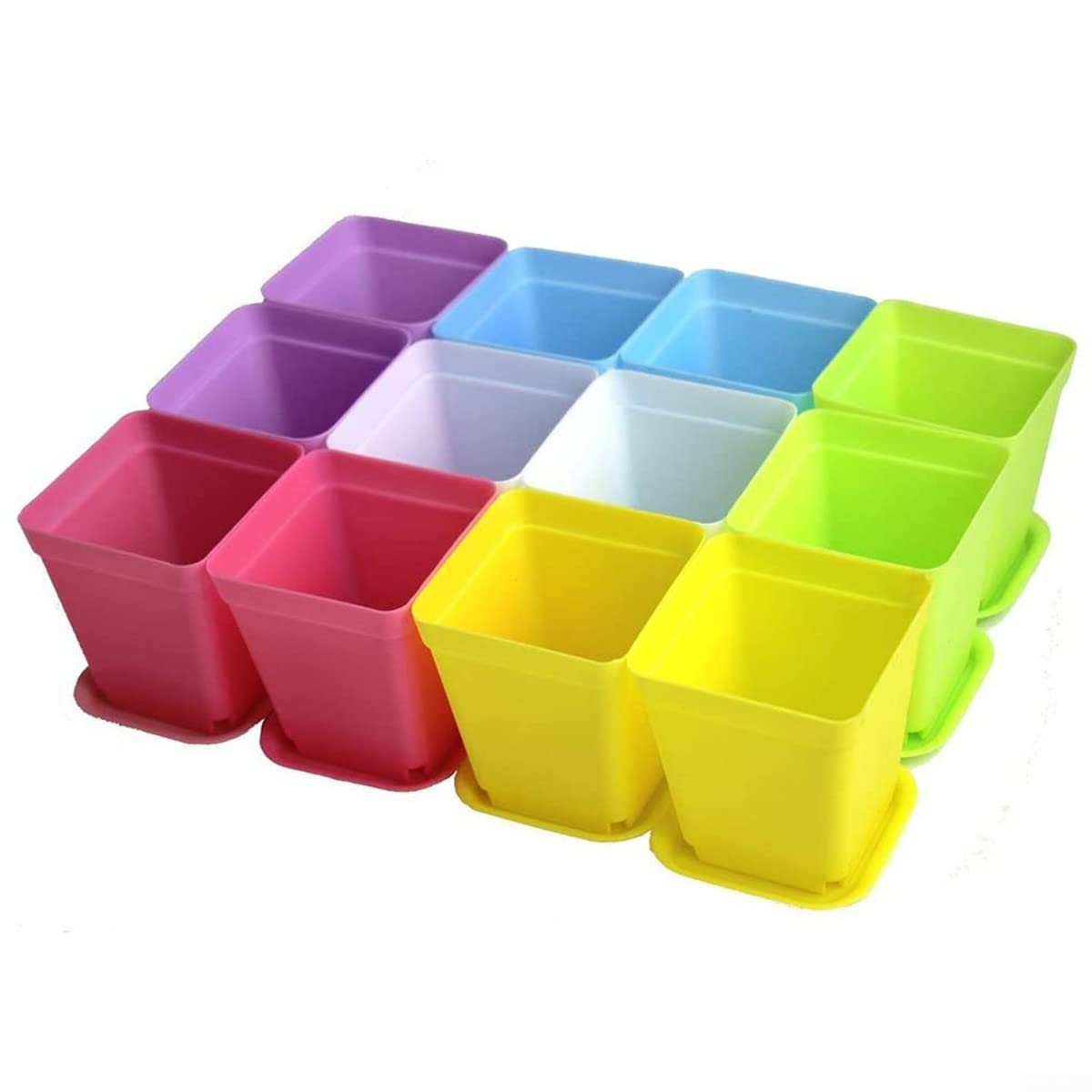 12pcs Mini Square Plastic Plant Flower Pot Colorful With Pots Trays 7cm