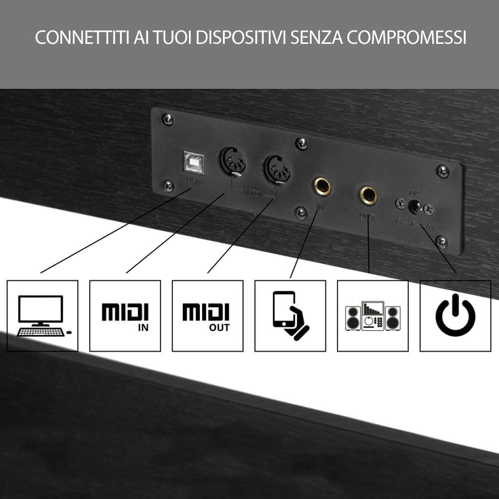 BAKAJI Tastiera Musicale Elettrica con 88 Tasti Pesati con Meccanica a Martelletto e 3 Pedali, Pianoforte Musicale Elettrico con 600 Ritmi e 80 Brani Integrati, Attacco per Cuffie, USB, MIDI (Nero)