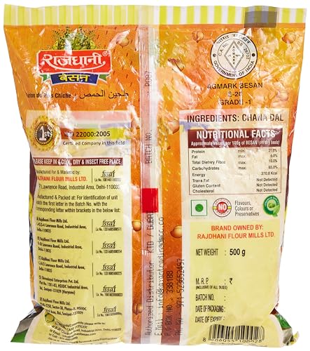 Image of Rajdhani Organic Besan Flour - 100% Pure Chickpea Flour For Healthy Cooking - 500 Gm Pack | Besan | 100% Chana Dal Besan | Organic Gluten Free Besan