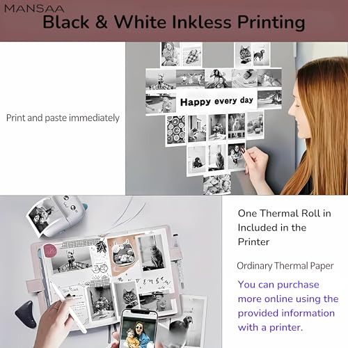 Image of MANSAA Mini Thermal Printer, Portable Bluetooth Pocket Printer for Android & iOS, Cute Cat Inkless Thermal Printer, USB Rechargeable Sticker & Label Printer for Notes, Study & Photos (White Pink)