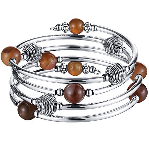 Pearl&Club Beaded Chakra Bangle Turquoise Bracelet - Fashion Jewelry Wrap Bracelet with Thick Silver Metal and Mala Beads, Birthday Gifts for Women (63-Agate Brown)