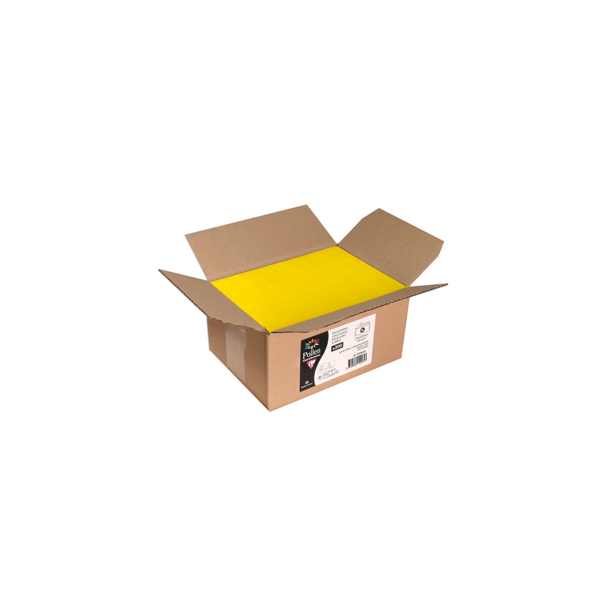 Clairefontaine 55565C Box of 200 Self-Adhesive Envelopes DL (11x22cm)120g/m² Intensive Yellow Invitation Event Correspondence Range Pollen Premium Smooth Paper