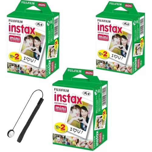 Fujifilm Instax Mini Instant Film for Mini Cameras, White, Credit Card Size with Free Bonus Cap Keeper - (3 x Twin Packs)