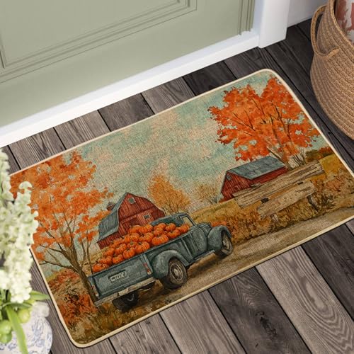 Tapete de calabaza otoñal, color naranja con hojas de otoño para entrada al aire libre e interior, decoración rústica, goma impermeable, antideslizante, absorbe el polvo, fácil de limpiar, 73 x 43 cm