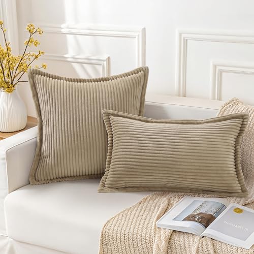 Mecatny Corduroy Throw Pillow Covers 26x26 Set of 2, Neutral Decorative Soft Boho Couch Pillow Covers with Broadside for Sofa Living Room, Khaki
