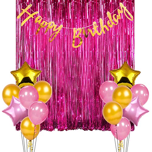 Image of Party Propz Happy Birthday Decoration Items Combo Kit- 17Pcs | Happy Birthday Banner Made of Metalic Golden Cardstock | Star Balloons for Decoration | Pink Foil Curtain for Decoration | Latex Balloons