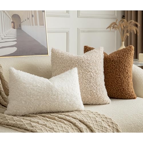 Image of Pack of 2 Curly Teddy Wool Faux Fur Throw Pillow Covers Fuzzy Accent Soft Sherpa Pillowcases Sheepskin Fleece Decorative Cushion Case for Sofa Couch Living Room 26x26 Inch Bronze