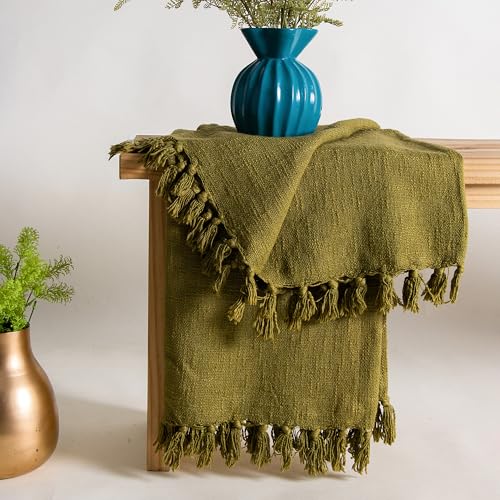 Image of Pure Cotton Hand Woven Sofa Throw | Handmade 50x60 Inch Solid Throw Blanket | Soft Throw for Living Room, Bed, Couch and Chair Throw | Reversible and Breathable (Olive-Green)-200 TC