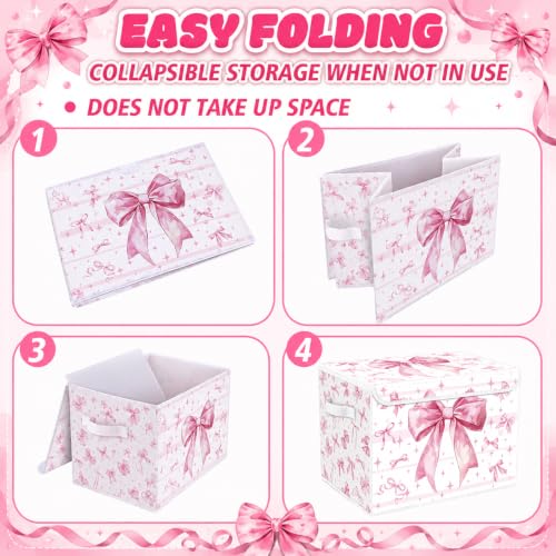 Image of Briwooody Pink Bow Storage Bin with Lid and Carrying Handle Coquette Basket