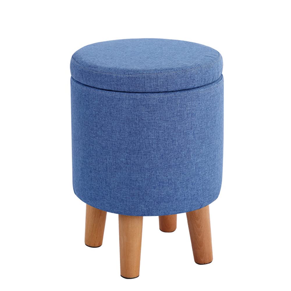 Round Storage Ottoman with Solid Wood Legs Space Saving Breathable Linen Footstool for Living Room Bedroom Kids Room 32 * 32 cm (12.5 * 12.5 in) Blue