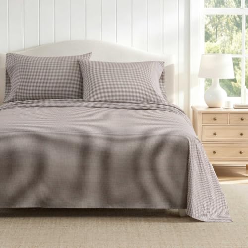 Image of Martha Stewart - Full Sheet Set with Fitted Sheet & Pillowcases, Cotton Percale Bedding with a Smooth Feel, Deep Pocket, Gingham Brown