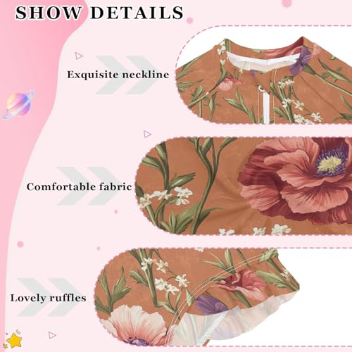 Flowers Carnation Phlox Thyme Terracotta Long Sleeve Girls Swimsuit Sun Protection Swimming Suits Girls Bathing Suit 11-12 Year4