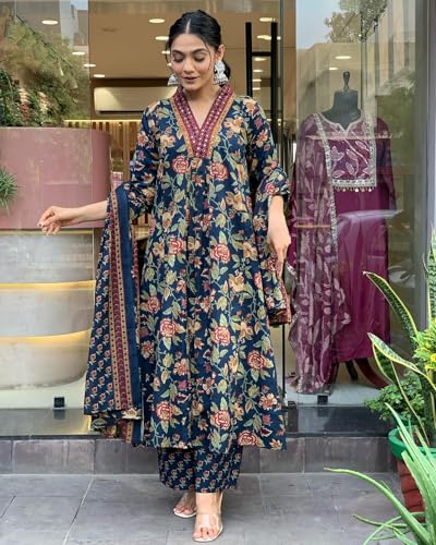 Image of GoSriKi Women's Rayon Viscose Anarkali Printed Kurta with Palazzo & Dupatta