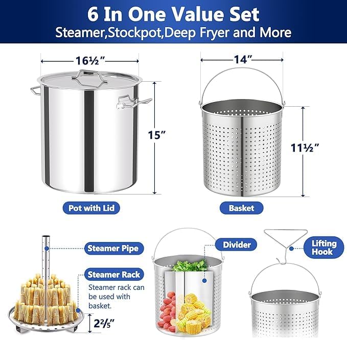 ARC 52QT Seafood Boiling Kit, 200,000BTU Propane Burner And Stainless Steel Crawfish Boil Pot w/Basket and Steamer Rack, For Outdoors Cooking and Steaming, Large Turkey Fryer Pot, Lobster Shrimp Pot