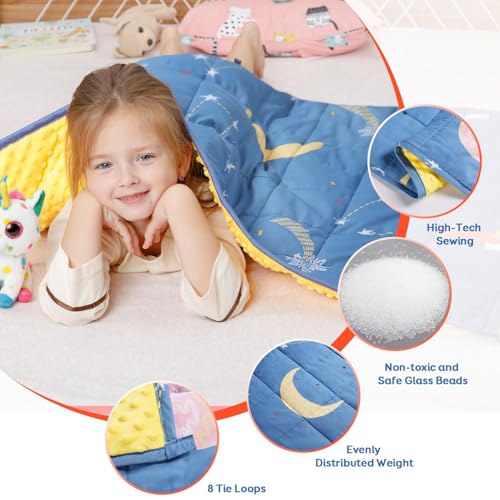 Uttermara Weighted Blanket 7 lbs, Ultra Cozy Minky Fleece and Cotton Sided with Cartoon Patterns, Reversible Heavy Blanket Great for Sleeping, 36x48 inches, Blue Star Moon