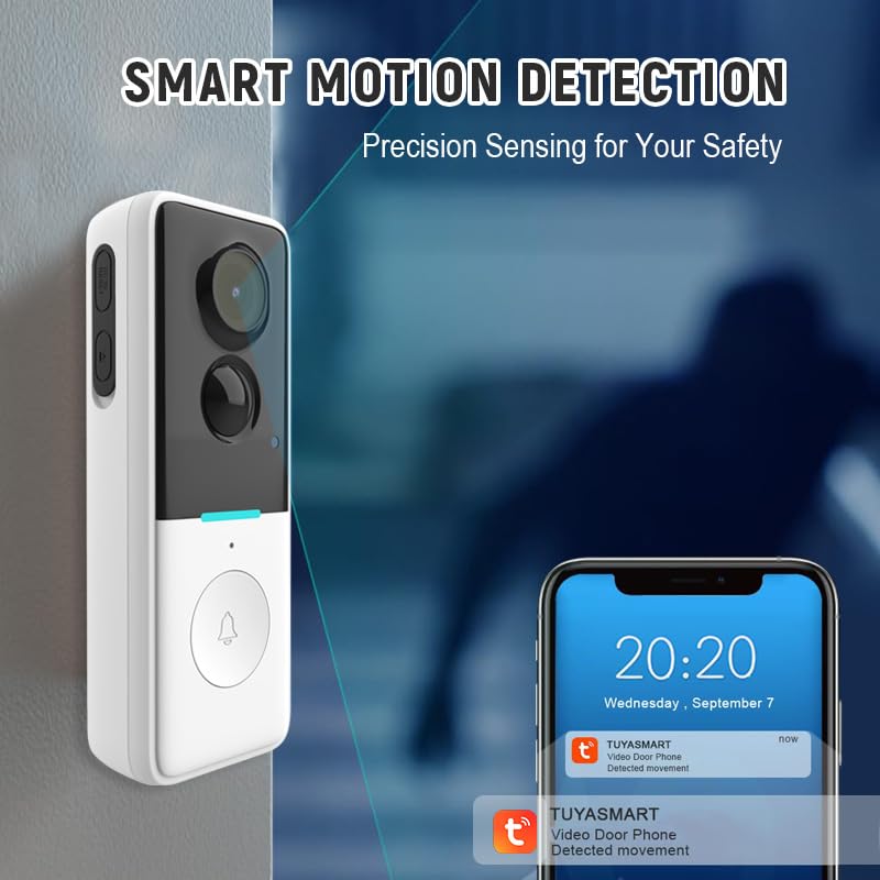 Sonnette visiophone sans fil avec caméra, sonnette vidéo WiFi extérieure étanche IP65 720P avec détection PIR vision nocturne Installation simple Compatible avec Tuya Smart App, 2,4 GHz