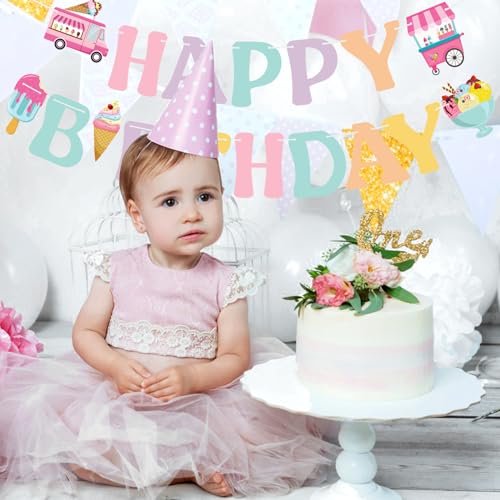 Image of Hooqict Ice Cream Happy Birthday Banner Sign Sweet Birthday Party Decorations Ice Cream Party Banner for Girls Women Kids 1st 2nd 3rd Garland Banner Summer Party Supplies
