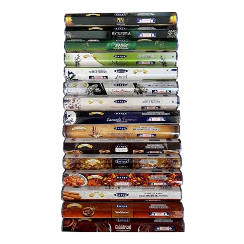 Pack de inciensos Satya – Surtido de 15 fragancias – 300 Varillas en Total – Aromaterapia – Meditación – Espiritualidad – Natural y Ecológico.