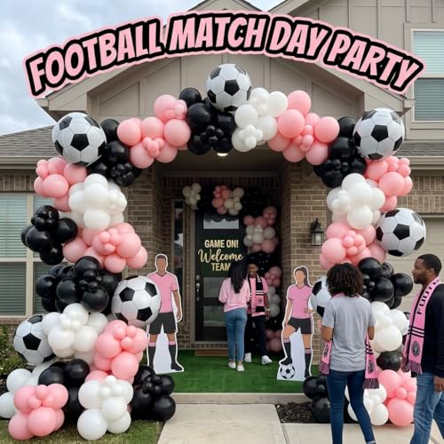 Image of Light Pink and White Soccer Balloons, 12 Inch Pastel Pink and Black Clear Soccer Balloons with 22 In Soccer Ball & Black Star Foil Balloon for Game Day Sports Football Theme Birthday Party Decorations