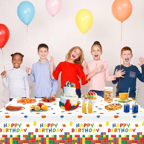 Image of LINHAXM 3 Pack Building Block Party Tablecloth Building Block Disposable Plastic Table Cover for Blocks Birthday Party Supplies, 54 x 108 Inch