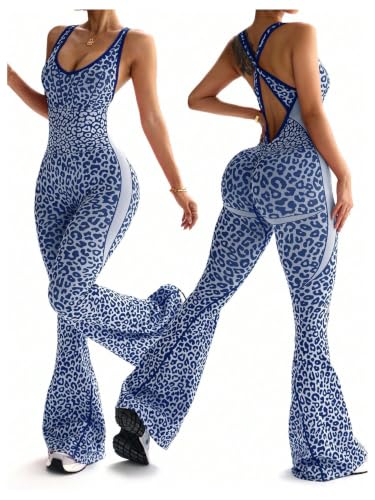 Image of Verdusa Women's Cheetah Print Workout Sets Yoga Jumpsuit Criss Cross Sleeveless Work Out Clothes Flared Pants Jumpsuits