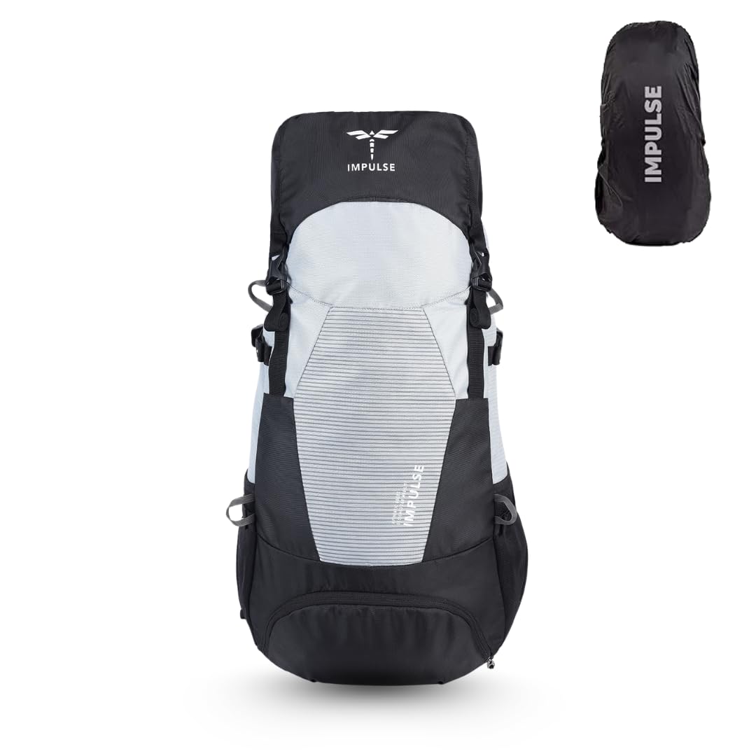 Impulse Urban Trek 75L Travel bag with Rain Cover|Water Resistant|Padded Adjustable Shoulder Straps & Waist Belt | Ideal for Hiking, Camping & Travel Rucksack Backpack- Silver |1 Year Warranty
