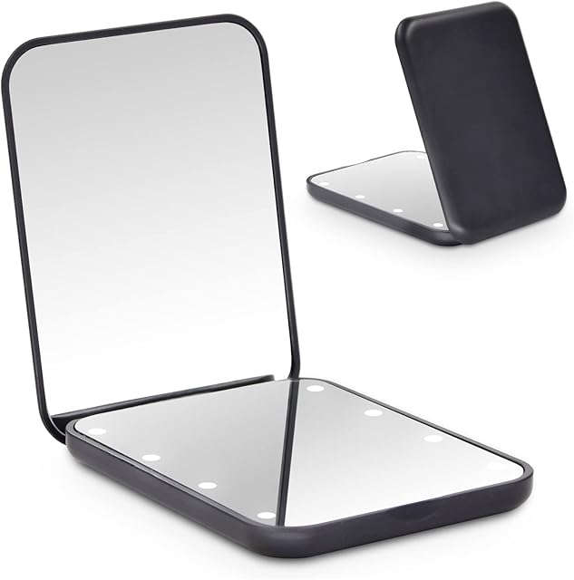wobsion Pocket Mirror, Led Compact Mirror,1x/3x Magnifying Mirror with Light,2-Sided Handheld Magnetic Switch Fold Mirror,Small Travel Makeup Mirror,Lighted Compact Mirror for Purse,Gifts(Black)