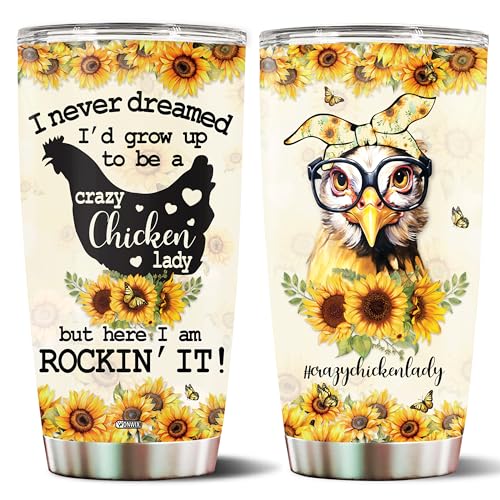 WONWIX Crazy Chicken Lady Gobelet cadeau pour femme en acier inoxydable Motif tournesol 590 ml Tasse à café de voyage pour maman, épouse, fille, sœur, anniversaire, Noël, fête des mères,
