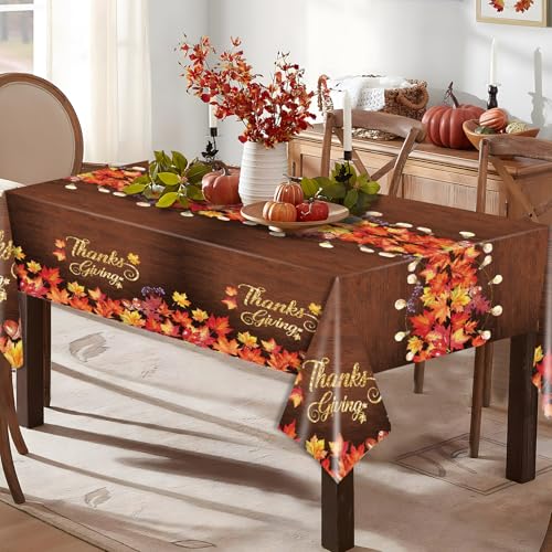 Image of Gistome 3 Pack 54 x 108 Inch Fall Maple Leaves Plastic Tablecloth - Rustic Thanksgiving Disposable Table Cover with Autumn Leaves and String Lights for Fall Harvest, Friendsgiving, and Seasonal Decor