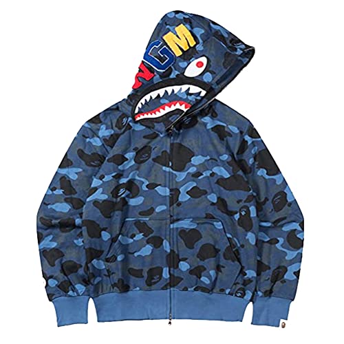 LIAOPUFUS Homme Shark Mouth Fashion Sweat à Capuche Zipper Manche Longue Hip Hop Street Wear Style Charnières Camouflage(L,Bleu)