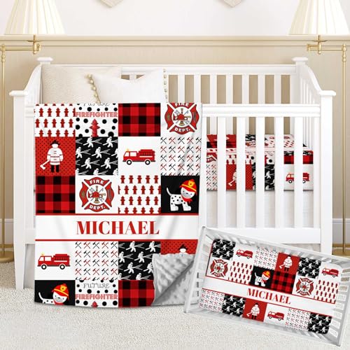 Personalized Crib Bedding Set for Baby Boy Girl, Custom Firefighters and Fire Truck Crib Bedding Set with Name, 2 Piece Nursery Bedding, Crib Comforter, Crib Fitted Sheets for Baby