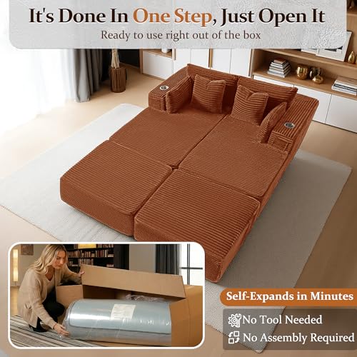 Image of 72 inch Cloud Sectional Couch, Comfort Sleep Sofa for Living Room, Extra Deep Seats No Assembly, Minimalist Modular Couch, Corduroy (Deep Orange, Extend Loveseat Chaise)