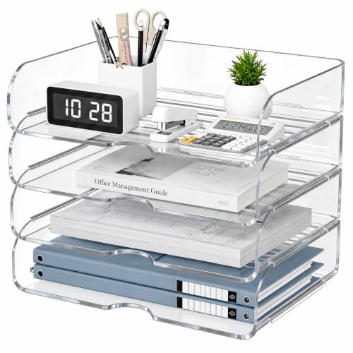 HIYOHIYO Clear Office Desk Organizer for A4 Letter Paper, 4 Tier Horizontal