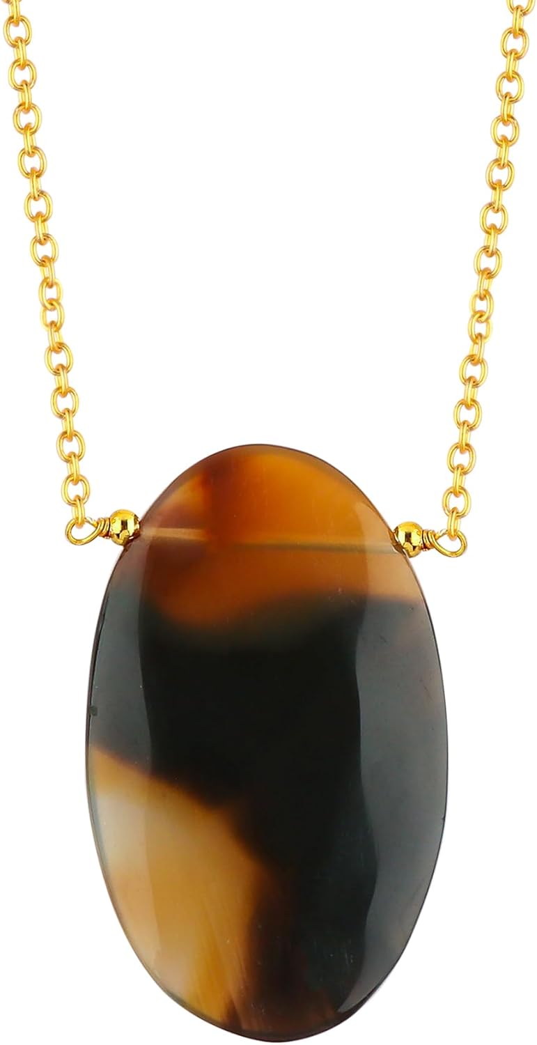 TGH Natural Oval Cabochon Necklace for Women - Gemstone Healing Crystal Pendant - 16+2 Inch Gold Plated Adjustable Chain