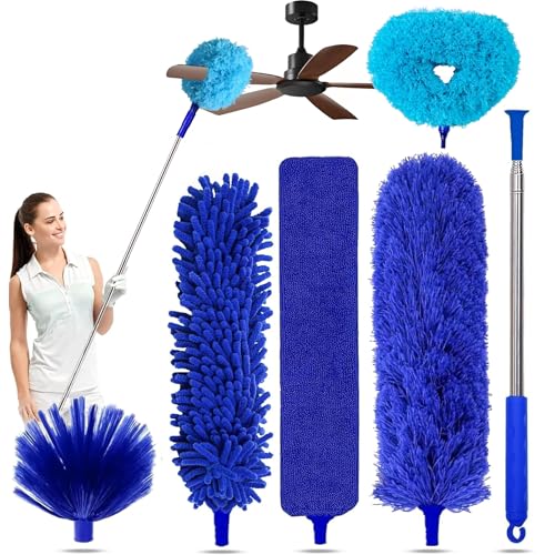 Image of Duster with Extension Pole - Royal Blue | 6-in-1 Kit Dusters for Cleaning, Extendable Duster with 100 Inches, Microfiber Dusters for Ceiling Fans, Furniture, Blinds