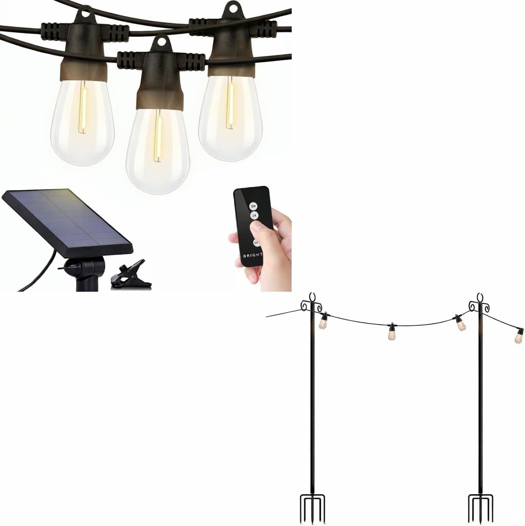 Brightech Bundle Ambience Pro Solar Powered Outdoor String Lights, 27ft + 2-Pack 10FT String Light Poles