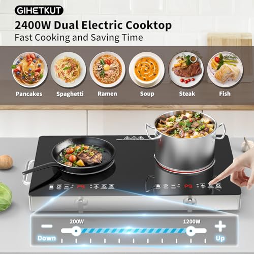 Image of GIHETKUT Electric Cooktop,110V 2400W Stove top, Countertop Cooktop with 9 Power Levels, LED Display,Child Safety Lock, Timer,Knob and Touch Control 2 burner Electric cooktop