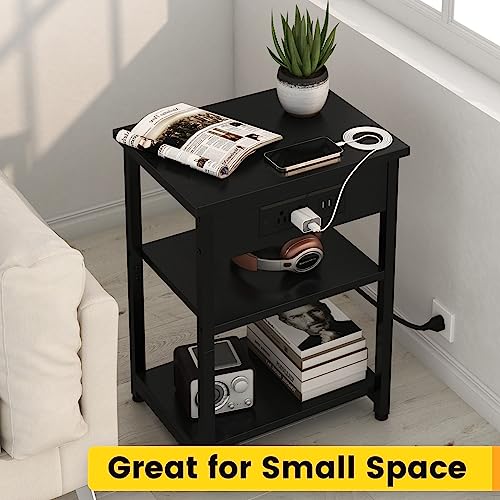 Calertain END TABLE S Set Of 2 With Charging Station Usb Ports, 3 Tier Tall Night Stand With Storage Shelves, Record Player Stand Narrow Side Table For Small Space Living Room Bedroom Office, Easy Assembly,Black thumb #6