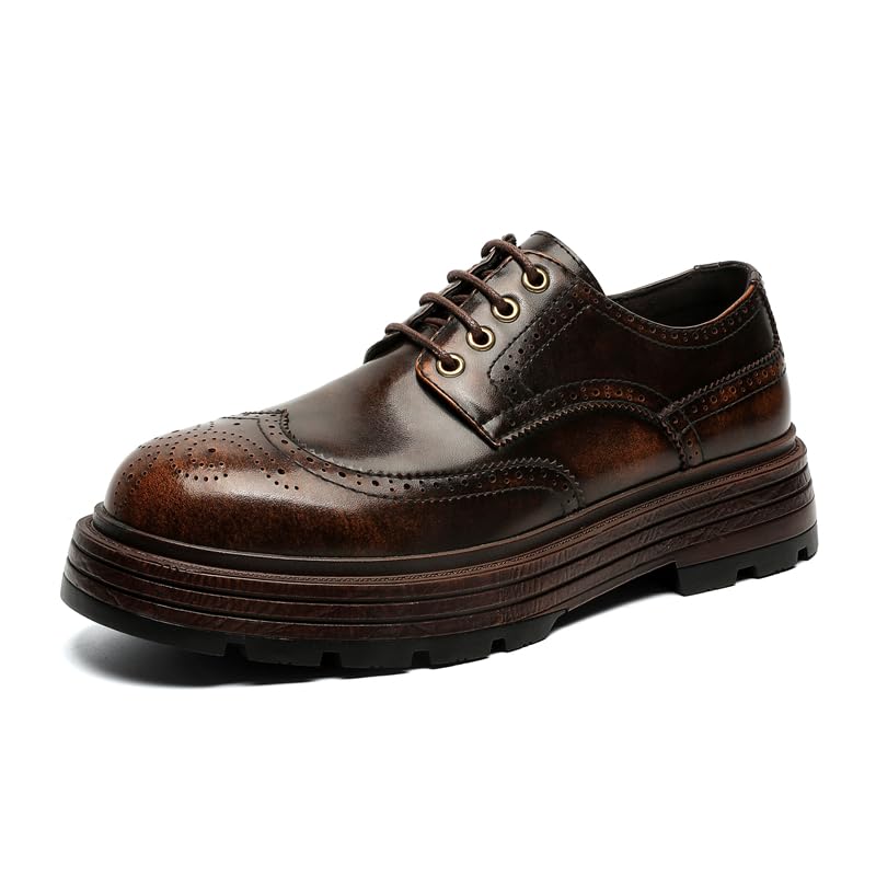 Men's Leather Wingtip Oxford Dress Shoes, Platform Sole, Brown2