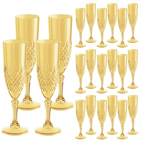 HTTBEIZI Plastic Champagne Flutes 7oz Reusable Drinking Glasses Cups Goblets Shatterproof Unbreakable for Wedding Party Mimosa Bar (24 Gold)