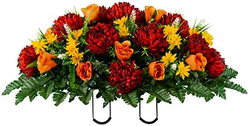 Sympathy Silks Artificial Cemetery Flowers – Realistic Vibrant Roses, Outdoor Grave Decorations - Non-Bleed Colors, and Easy Fit - 1 Burgundy Mum and Orange Rose Saddle for Headstone