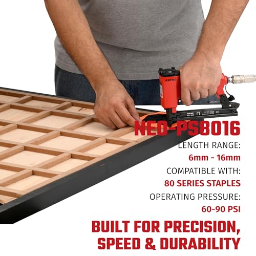 Image of Kaymo NEO-8016 Pneumatic Stapler | 80 Series Compatible | 60-90 PSI | 890g Lightweight | Full Metal Magazine | Rubber Ergonomic Grip | Fixed Top Air Exhaust | Robust Locking Catch | Furniture Use