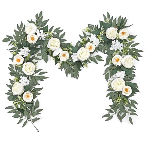 Guirlande de fleurs artificielles blanches et eucalyptus pour mariage (2m, lot de 2)