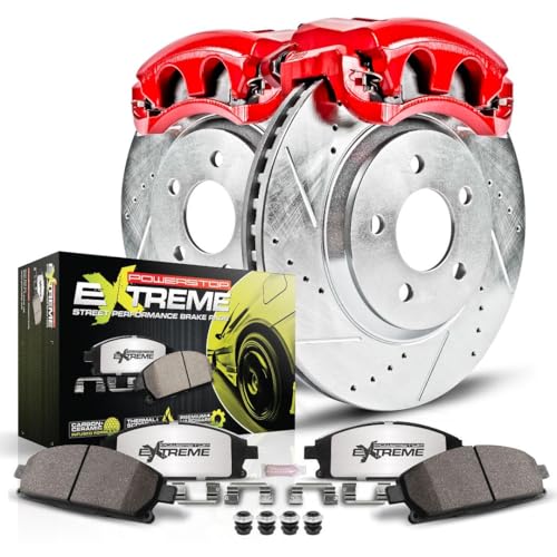 Image of PowerStop Rear Brake & Caliper Kit for Volkswagen Jetta 2001-05 - Drilled & Slotted Disc Rotors + Carbon-Fiber Ceramic Brake Pads + Red-Powder Coated Calipers, KC847-26