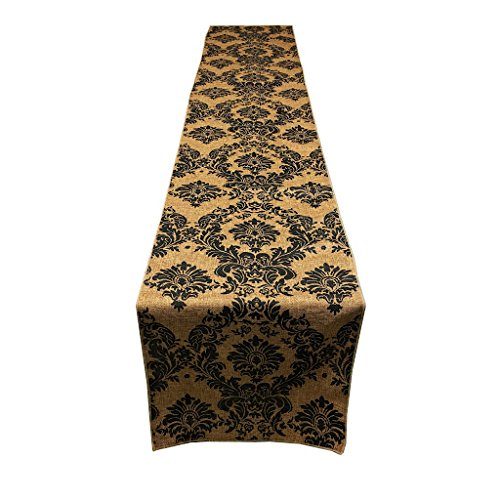 LA Linen 14" Wide by 108" Long Faux Burlap Table Runner with Black Print Damask Design/Pack of 1 / Black on Natural