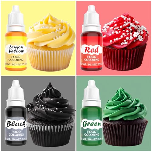 Image of Food Coloring Liquid - 4 Bright Colors Food Dye, 0.35 Fl oz | Food Grade Tasteless Concentrated Liquid Food Coloring Set for Cake Decorating, Baking, Cookie, DIY Making Supplies Kit