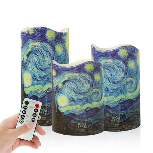 Image of Remote Flameless Candles 4 inch 5 inch 6 inch - Set of 3 Van Gogh Starry Night Design LED Pillar Candles Battery Operated with Timer for Home Decor Indoor Outdoor,PLT3P-StaNit