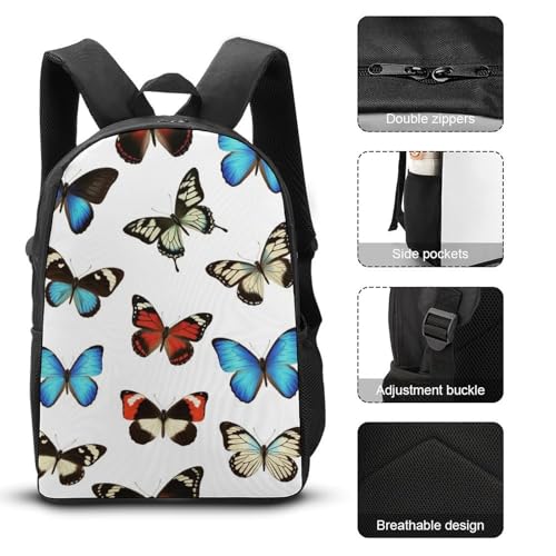 3 Pcs Backpack Set Travel Backpack Casual 17 Inch Daypack Butterfly College Bookbag with Insulated Lunch Bag and Pencil Pouch3