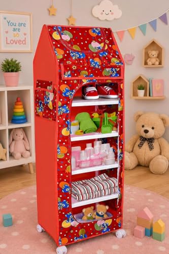 Image of YouCopia Baby Wardrobe Plastic Kids Storage Rack with Fabric Cover & Wheels | 6-Tier Plastic Shelves Organizer | Toy, Book & Clothes Storage Cabinet for Kids Room
