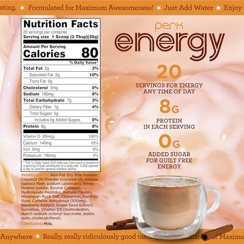 Image of Perk Energy Drink Mix (Horchata) 20 Servings - Caffeinated Healthy Coffee Alternative with Protein, 100mg of Caffeine, Gluten-Free, Soy-Free, Peanut-Free